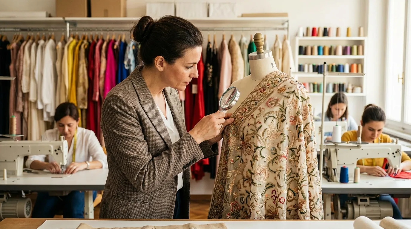 A costume designer meticulously inspects the stitching on a stage costume, ensuring durability and a perfect fit for the performer.