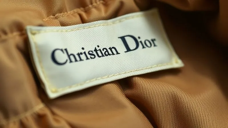 A close-up photorealistic shot of an authentic, faded 1950s Christian Dior couture label, meticulously stitched onto a silk lining, cinematic lighting, sharp focus, 8K hyper-detailed.