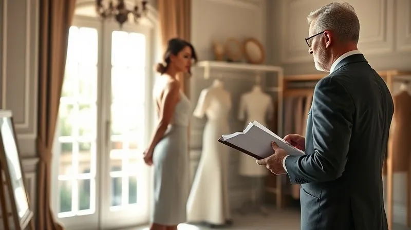 A photorealistic, professional photography, 8K image of a master tailor discreetly observing a client's posture as she stands naturally in an elegant, sunlit haute couture atelier. The tailor holds a sketchbook, making notes. Cinematic lighting, sharp focus on the client's silhouette, depth of field blurring the background, shot on a high-end DSLR. The scene conveys attentive observation and personalized service.