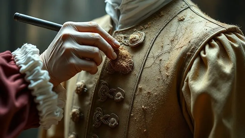 A photorealistic image of a costume designer meticulously applying dry pigments and Fuller's earth to a period costume, creating realistic dust and grime effects, professional photography, 8K, cinematic lighting, sharp focus, depth of field.