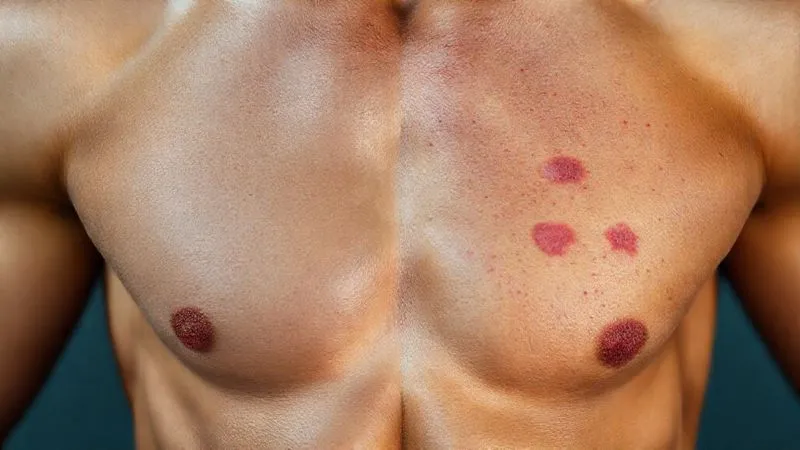 photorealistic, professional photography, 8K, cinematic lighting, sharp focus, depth of field, shot on a high-end DSLR. A split image showing two distinct skin conditions on an athlete's body. One side displays healthy, smooth skin. The other side shows a close-up of visibly irritated skin with a mild, patchy rash and redness, possibly from contact dermatitis or chafing, but without severe open wounds. The contrast emphasizes the difference between healthy and compromised skin, suggesting a need for attention.