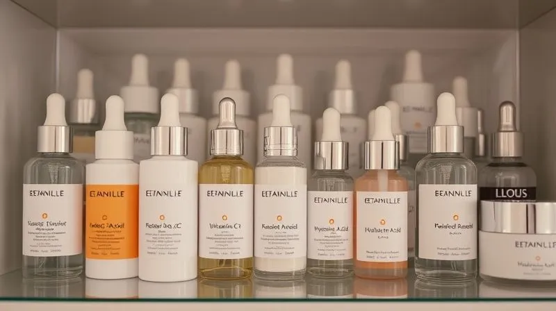 A highly organized skincare shelfie, featuring clean, minimalist bottles of serums and creams, with key ingredients like 'Retinol', 'Vitamin C', 'Hyaluronic Acid' clearly visible on elegant labels. The light is soft and diffused, creating a luxurious, professional aesthetic. Photorealistic, professional photography, 8K, cinematic lighting, sharp focus, depth of field.