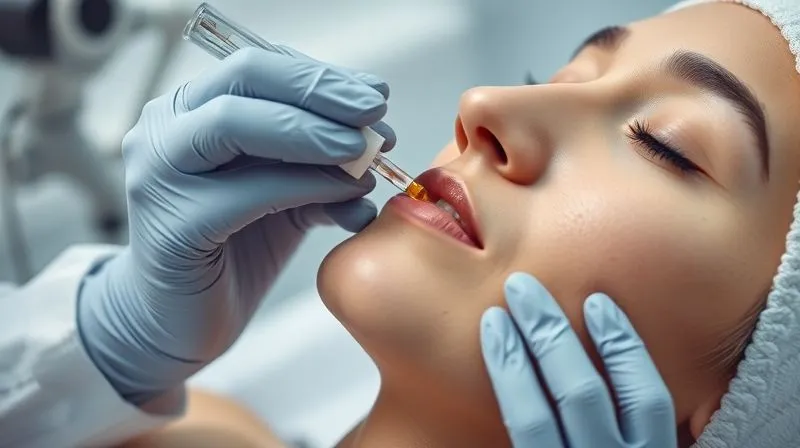A close-up, photorealistic shot of a dermatologist's gloved hand gently applying a serum to a patient's clean, healthy skin during a consultation, with advanced aesthetic equipment subtly blurred in the background. The focus is on the precision and care of professional skincare. 8K, cinematic lighting, sharp focus, depth of field.