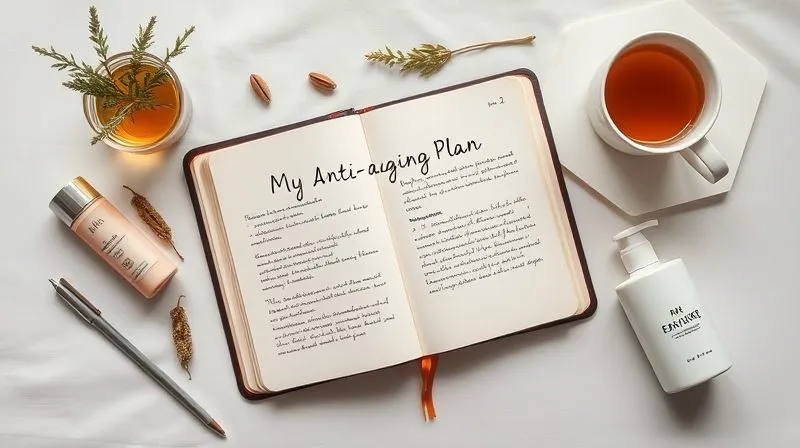 A flat lay of a personalized beauty journal open to a page with handwritten notes on 'My Anti-Aging Plan', surrounded by a few carefully selected, minimalist skincare products and a cup of herbal tea. The aesthetic is clean, organized, and inviting, suggesting a thoughtful, tailored approach. Photorealistic, professional photography, 8K, cinematic lighting, sharp focus, depth of field.