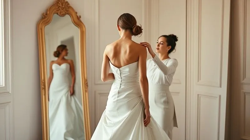 A photorealistic, professional photography, 8K, cinematic lighting, sharp focus, depth of field, shot on a high-end DSLR, of a client standing elegantly in a partially finished haute couture gown, a couturier making a subtle adjustment to the drape, a mirror reflecting their collaborative effort, soft natural light illuminating the scene.