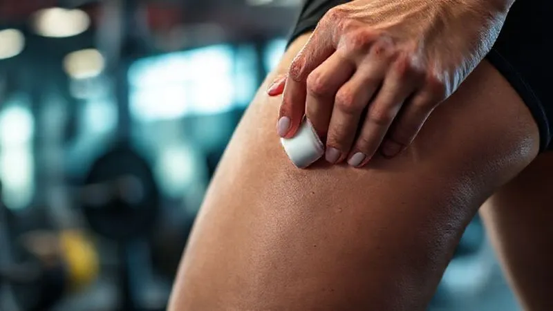 A close-up, photorealistic, professional photography, 8K, cinematic lighting shot of an athlete's hand applying a stick of anti-chafing balm to their inner thigh, with a blurred background of gym equipment. Sharp focus on the balm and skin, conveying a sense of preventative care and self-awareness for comfort during intense training.