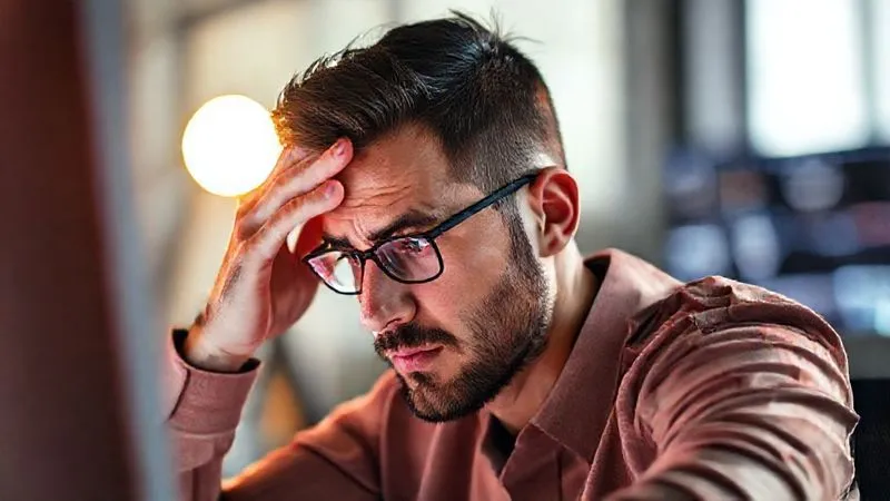 A photorealistic image of a designer, mid-project, rubbing their temples with one hand while staring intently at a vibrant, glowing monitor. Their face shows a subtle hint of fatigue and concentration, with soft, cinematic lighting highlighting the strain. Professional photography, 8K, sharp focus on the designer's face, depth of field blurring the monitor, shot on a high-end DSLR.