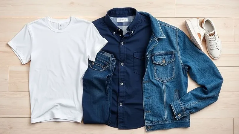 A photorealistic flat lay image showcasing essential men's casual wardrobe items: a crisp white crewneck t-shirt, a dark wash slim-fit jean, a navy blue oxford cloth button-down shirt, a pair of clean white leather sneakers, and a classic denim jacket, all neatly arranged on a light wooden background. Professional photography, 8K, cinematic lighting, sharp focus, depth of field, shot on a high-end DSLR.