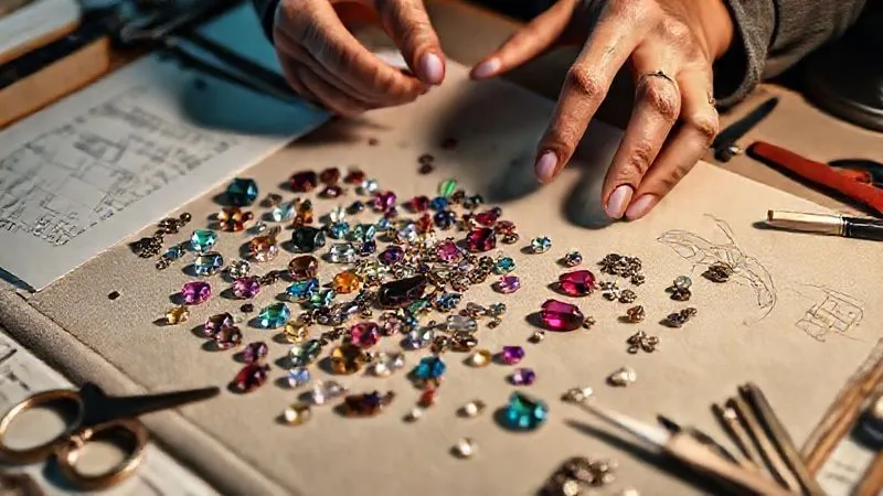 photorealistic, professional photography, 8K, cinematic lighting, sharp focus, depth of field, shot on a high-end DSLR. A designer's hands meticulously arranging various colorful faux gemstones and metal components on a velvet design board, surrounded by sketches and tools. The scene evokes creativity, precision, and the beginning of a beautiful costume jewelry piece.