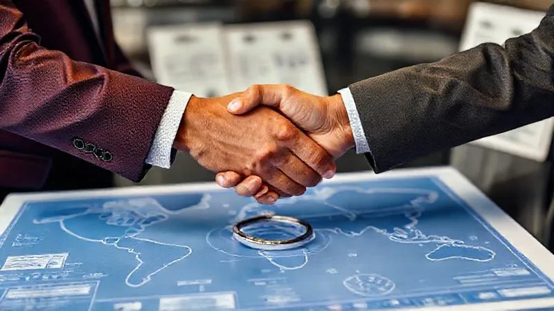 A photorealistic image of two diverse business professionals shaking hands over a detailed blueprint of an engagement ring design, set against a blurred backdrop of global supply chain maps and ethical sourcing certificates. Professional photography, 8K, cinematic lighting, sharp focus on the handshake and blueprint, depth of field blurring the background, shot on a high-end DSLR.