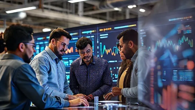 A photorealistic image of a diverse team of jewelers and supply chain managers gathered around a large digital dashboard, actively collaborating and problem-solving, with urgent-looking data visualizations on screen. Professional photography, 8K, cinematic lighting, sharp focus on the team's faces and the screen, depth of field blurring the background, shot on a high-end DSLR.