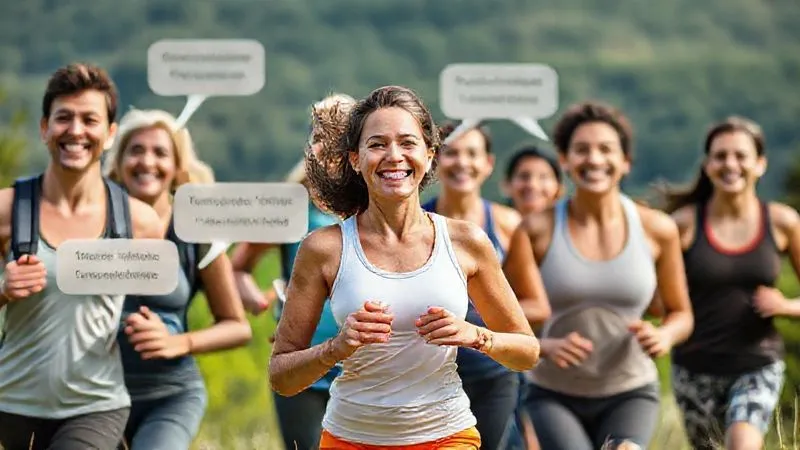 A photorealistic, professional photography, 8K, cinematic lighting, sharp focus, depth of field. A diverse group of active, smiling individuals (different ages, body types, ethnicities) wearing sustainable activewear, engaged in various outdoor activities (yoga, hiking, running). Their expressions are joyful and connected to nature. Overlaid subtly, text bubbles with simple, positive, empowering messages appear, representing clear and engaging communication about sustainability and well-being. The background is a vibrant, natural landscape.