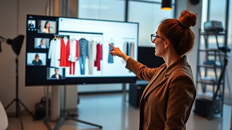 Photorealistic, professional photography, 8K, cinematic lighting, sharp focus, depth of field, shot on a high-end DSLR. A stylish female instructor, in a modern, well-lit studio, passionately teaching an online fashion course on a large screen. She is pointing to a complex wardrobe diagram, with several diverse students visible in smaller video feeds on the screen. The atmosphere is engaging and educational, symbolizing knowledge sharing and digital learning.