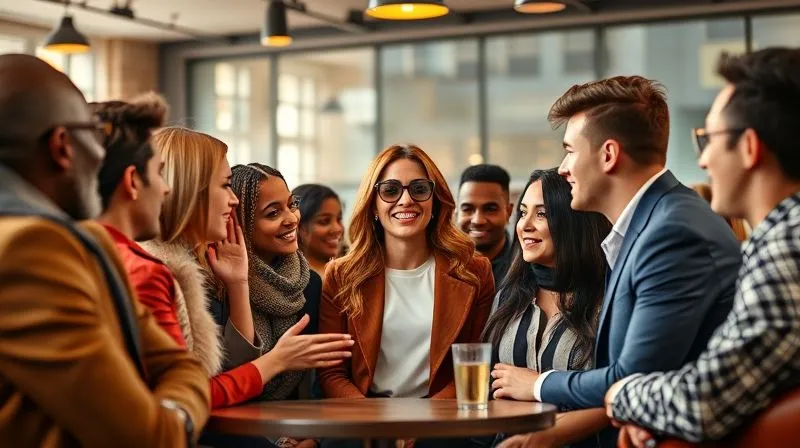 Photorealistic, professional photography, 8K, cinematic lighting, sharp focus, depth of field, shot on a high-end DSLR. A diverse group of stylish individuals gathered around a central figure (a fashion blogger), all engaged in a lively discussion in a cozy, modern cafe setting. Soft, warm lighting, sharp focus on the faces, depth of field blurring the background. The scene conveys community, connection, and exclusive interaction.