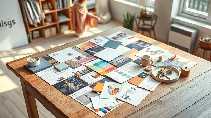 A photorealistic, professional photography shot of a meticulously organized physical mood board on a large wooden table. The board features a collage of fashion magazine tear-outs, fabric swatches, color palettes, handwritten notes, and small, inspiring objects. Soft, natural daylight illuminates the scene, casting gentle shadows. Sharp focus on the intricate details of the mood board, with a blurred background of a creative studio. Shot on a high-end DSLR, 8K hyper-detailed.