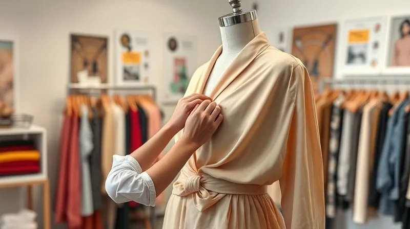 A photorealistic, professional photography shot of a fashion stylist meticulously arranging a complex outfit on a mannequin in a vibrant, organized studio. Bolts of fabric, accessory racks, and mood boards are visible in the soft-focused background. The stylist's hands are in sharp focus, adjusting a detail on a flowing garment. Cinematic lighting highlights the textures of the fabrics. Shot on a high-end DSLR, 8K hyper-detailed.