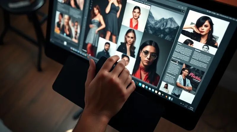 A photorealistic, professional photography shot from above, showcasing a graphic designer's hands meticulously arranging high-resolution fashion photographs onto a digital magazine layout on a large, glowing monitor. The screen displays a complex grid, and the designer's fingers are interacting with a Wacom tablet. Cinematic lighting casts soft shadows, highlighting the precision of the work. Sharp focus on the screen and hands, with a depth of field blurring the background of a modern design studio. Shot on a high-end DSLR, 8K hyper-detailed.