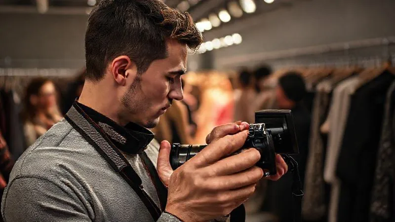 A professional fashion photographer with two high-end DSLR cameras around their neck, intently reviewing images on the camera's LCD screen during a break at a bustling runway show backstage, surrounded by racks of clothes and makeup artists. Photorealistic, professional photography, 8K, cinematic lighting, sharp focus, depth of field, shot on a high-end DSLR.