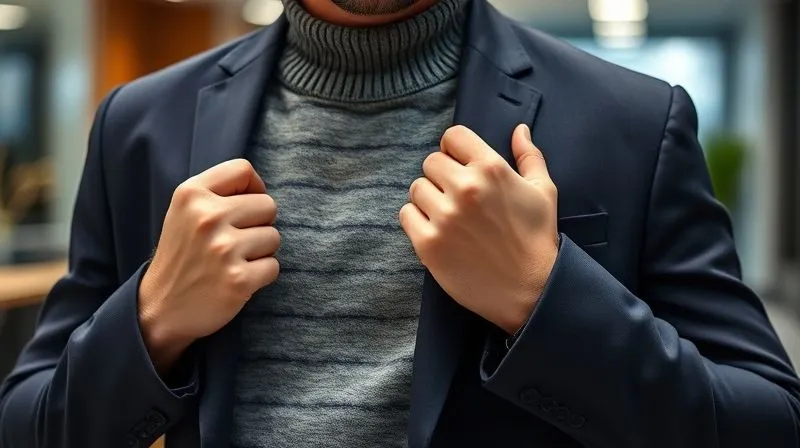A photorealistic image of a person demonstrating strategic layering. A high-quality, subtly textured grey crewneck sweater is worn under a perfectly tailored navy blazer. The person is adjusting the blazer, showcasing its crisp lines and fit. Cinematic lighting, sharp focus on the clothing textures, depth of field blurring a sophisticated office background, 8K hyper-detailed.