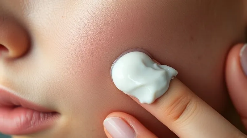 A close-up, photorealistic image of a hand gently applying a thick, creamy, white barrier repair moisturizer to irritated, slightly red skin on a face. The focus is on the soothing texture of the cream and the delicate application, with cinematic lighting highlighting hydration. Professional photography, 8K, sharp focus, depth of field, shot on a high-end DSLR.