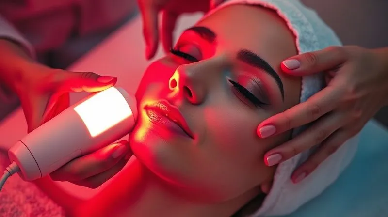 A photorealistic, professional photography shot of a client receiving a gentle LED light therapy treatment on their face in a serene spa setting. Soft red light illuminates the face, emphasizing calm and healing. The esthetician's hands are visible, holding the LED device with care. 8K, cinematic lighting, sharp focus on the face and device, depth of field, shot on a high-end DSLR.