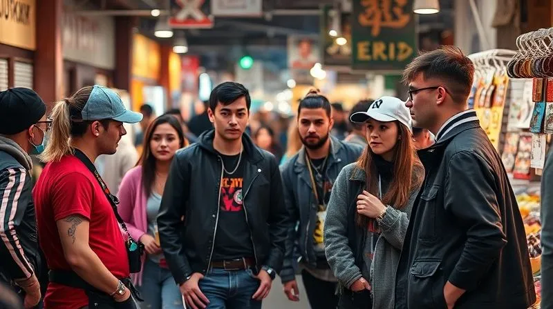A photorealistic image of a diverse group of stylish individuals from various subcultures (e.g., punk, cottagecore, techwear) interacting at a vibrant, eclectic street market, showcasing unique and emerging fashion choices. Professional photography, 8K, cinematic lighting, sharp focus on the diverse styles, depth of field blurring the busy market background, shot on a high-end DSLR.