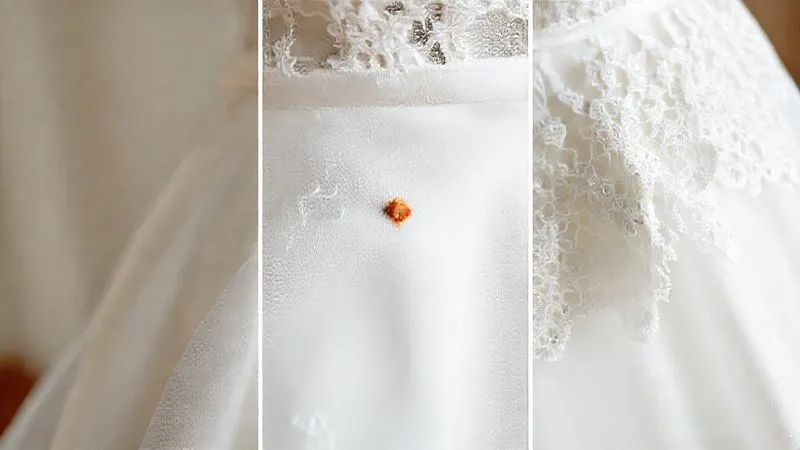 photorealistic, professional photography, 8K, cinematic lighting, sharp focus, depth of field, shot on a high-end DSLR. A close-up collage of three distinct lace damage scenarios on a bridal gown: one showing a delicate tear, another a small but prominent stain, and a third with a section of shredded lace, all against the pristine white of the gown, emphasizing the contrast and problem.