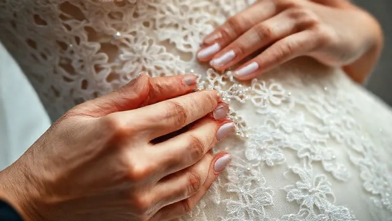 photorealistic, professional photography, 8K, cinematic lighting, sharp focus, depth of field, shot on a high-end DSLR. A close-up of a bridal gown's intricate lace, with delicate hands meticulously hand-sewing shimmering pearls and tiny crystals onto a section, creating a new, sparkling embellishment that gracefully covers a subtle imperfection. The focus is on the intricate detail and the transformation.