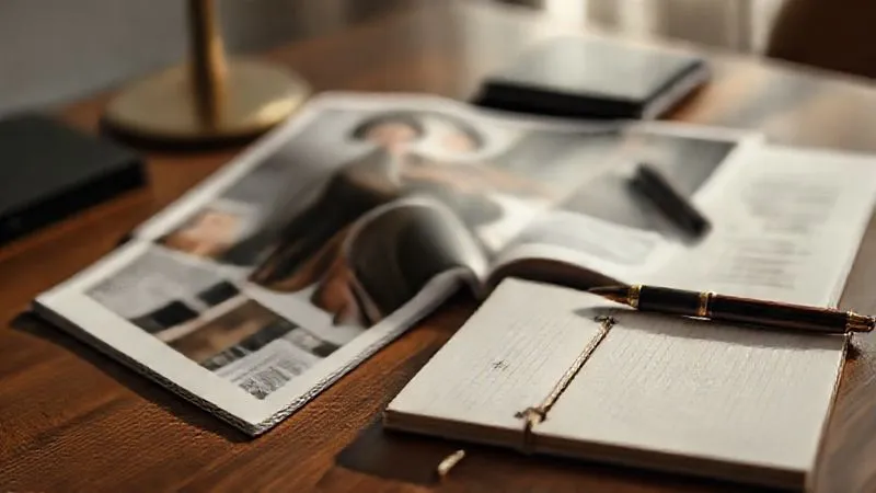 A photorealistic, professional photography shot, 8K, cinematic lighting, sharp focus, depth of field, shot on a high-end DSLR. The scene depicts an elegant, minimalist editor's desk with a partially open luxury fashion magazine, a notebook with handwritten notes, and a stylish fountain pen. The atmosphere is thoughtful and discerning, emphasizing the meticulous curation of content. Soft, natural light illuminates the scene, highlighting textures and details.