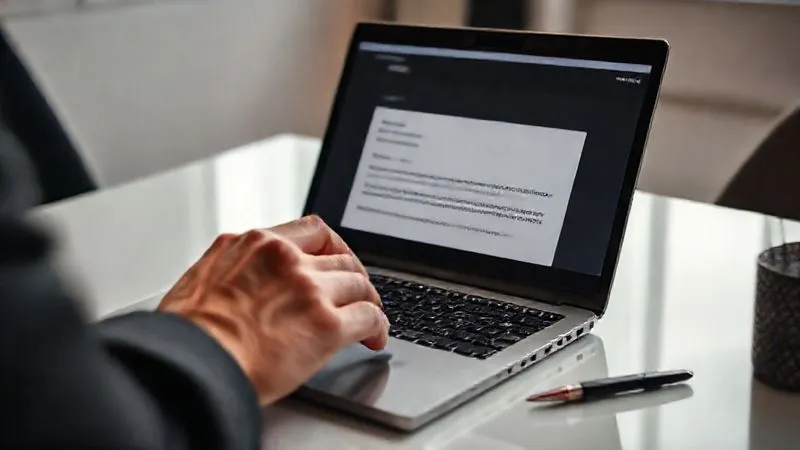 A photorealistic, professional photography shot, 8K, cinematic lighting, sharp focus, depth of field, shot on a high-end DSLR. The image shows a close-up of a laptop screen displaying a perfectly crafted, concise pitch email to a fashion editor. The email is well-formatted with a compelling subject line and personalized opening, and a link to a sleek digital press kit is visible. A hand is subtly reaching for a stylish pen on a clean, modern desk, suggesting thoughtful communication.