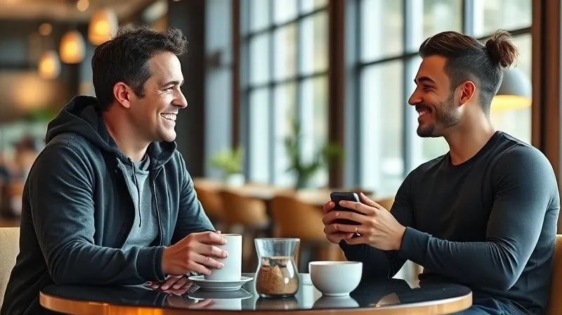 A photorealistic image of an activewear brand CEO having a genuine, supportive conversation with an elite athlete over coffee, both smiling, in a modern, light-filled lounge. The CEO is actively listening, and the athlete appears comfortable and engaged. Professional photography, 8K, cinematic lighting, sharp focus, depth of field, shot on a high-end DSLR.