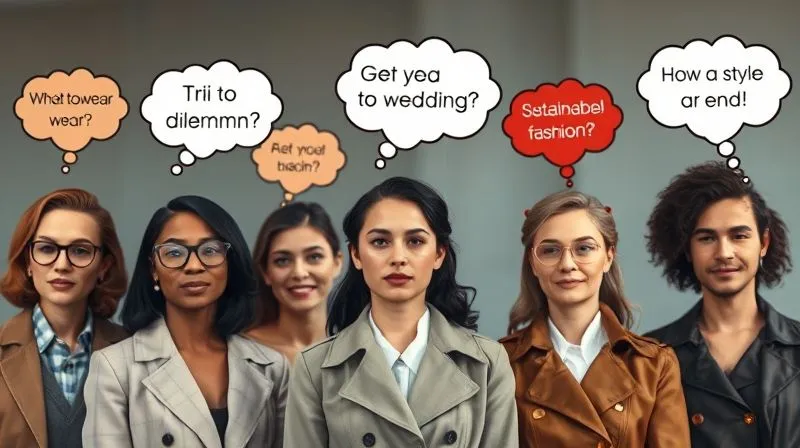 A photorealistic image of a diverse group of stylish individuals, each with a thought bubble above their head displaying a different fashion dilemma (e.g., 'What to wear to a wedding?', 'Sustainable fashion brands?', 'How to style a trench coat?'), cinematic lighting, sharp focus, depth of field, 8K hyper-detailed.