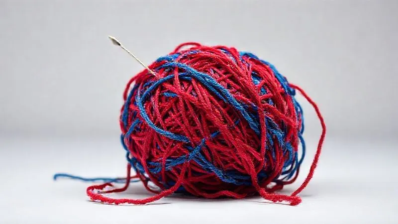 A photorealistic, professional photography, 8K, cinematic lighting, sharp focus, depth of field, shot on a high-end DSLR of a tangled ball of red and blue yarn, with some strands unraveling, symbolizing the complexity and potential pitfalls of trend forecasting. The background is a clean, minimalist studio, highlighting the chaotic yarn, with a single, sharp needle pointing away from the tangle, suggesting a path to clarity.