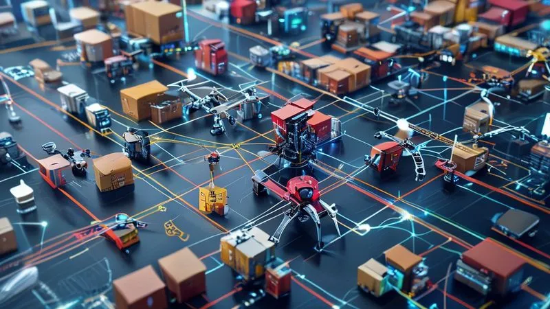 A photorealistic intricate network of interconnected logistics and supply chain elements, including drones delivering packages, robotic arms sorting fabrics, and digital dashboards showing real-time inventory. The image conveys speed, efficiency, and seamless integration, with a focus on smart technology. Professional photography, 8K, cinematic lighting, sharp focus on the central network, depth of field, shot on a high-end DSLR.
