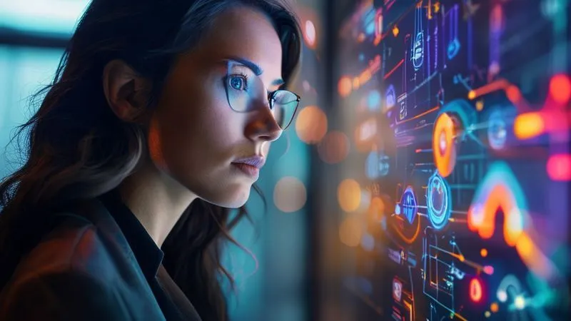 A photorealistic image of a thoughtful, experienced fashion expert (diverse gender and ethnicity) gazing intently at a complex holographic display showing interconnected data points, trend lines, and cultural symbols. Their expression is focused and insightful, suggesting deep understanding. The background is a soft-focus modern office with subtle fashion elements. Professional photography, 8K, cinematic lighting, sharp focus on the expert's face and the holographic display, depth of field, shot on a high-end DSLR.
