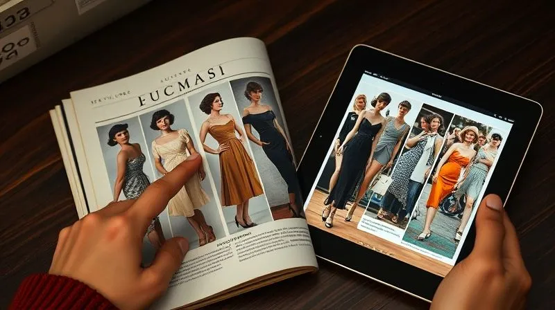 A photorealistic, professional photography shot of an open vintage fashion magazine from the 1950s, displaying models in iconic 'New Look' dresses, alongside a modern tablet showing a digital archive of 1920s flapper fashion. An experienced hand points to a specific detail in the magazine, with cinematic lighting emphasizing the contrast between old print and digital screen. 8K, sharp focus on the details, depth of field, shot on a high-end DSLR.