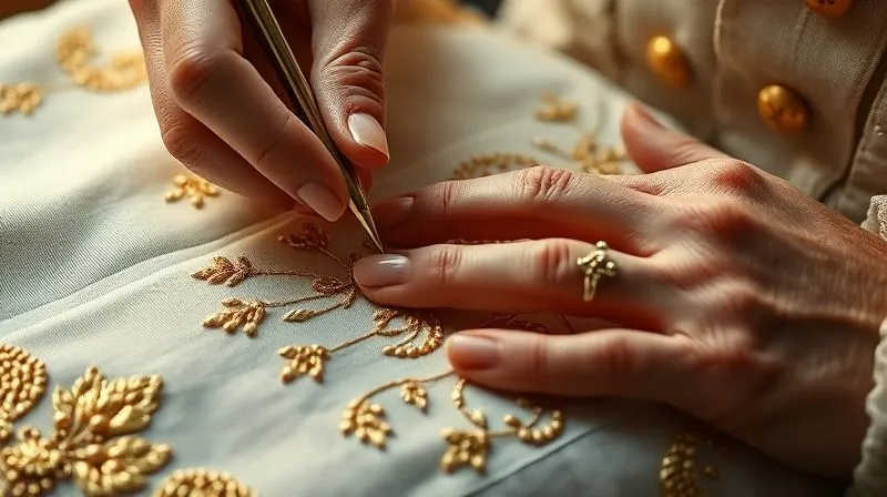 photorealistic, professional photography, 8K, cinematic lighting, sharp focus, depth of field, shot on a high-end DSLR, a close-up of a master artisan's hands meticulously performing intricate hand-embroidery on a delicate haute couture fabric, with gold thread and tiny beads, reflecting soft studio light, conveying dedication and precision.