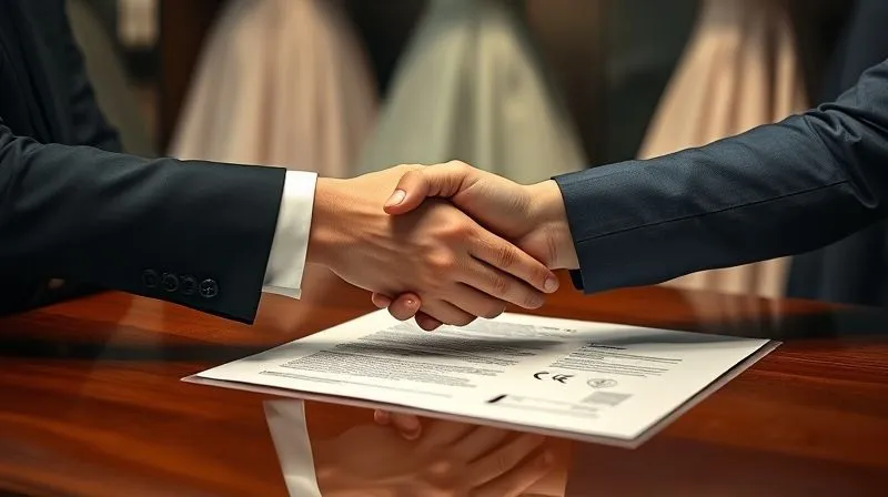 photorealistic, professional photography, 8K, cinematic lighting, sharp focus, depth of field, shot on a high-end DSLR, two elegantly dressed hands, one belonging to a designer and the other to a client, shaking hands over a beautifully designed contract document on a polished atelier desk, with a faint, blurred haute couture garment in the background, conveying agreement, trust, and professionalism.