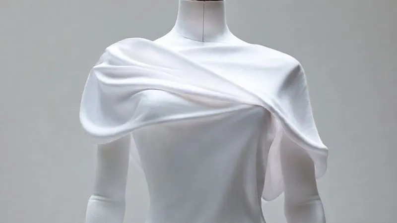 A photorealistic image of a futuristic 3D printed garment on a mannequin, showcasing dynamic drape. Sections of the fabric are subtly shifting and morphing, with gentle ripples and folds appearing as if controlled by an unseen force. Soft, ethereal light emanates from within the fabric, highlighting its adaptive qualities. Professional photography, 8K hyper-detailed, shot on a high-end DSLR, conveying cutting-edge technology and fluid motion in fashion.