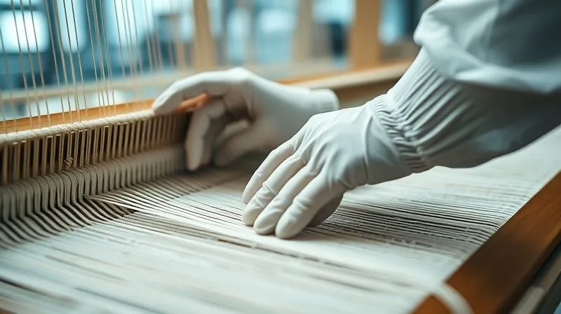 Photorealistic, professional photography, 8K, cinematic lighting, sharp focus, depth of field, shot on a high-end DSLR. A close-up of a textile engineer's hands, wearing clean white gloves, carefully adjusting a complex weaving loom. The loom is weaving a fabric with a subtle, intricate pattern, made from visibly sustainable threads. The background is a blurred, modern, brightly lit textile research lab. Conveys precision and innovation.