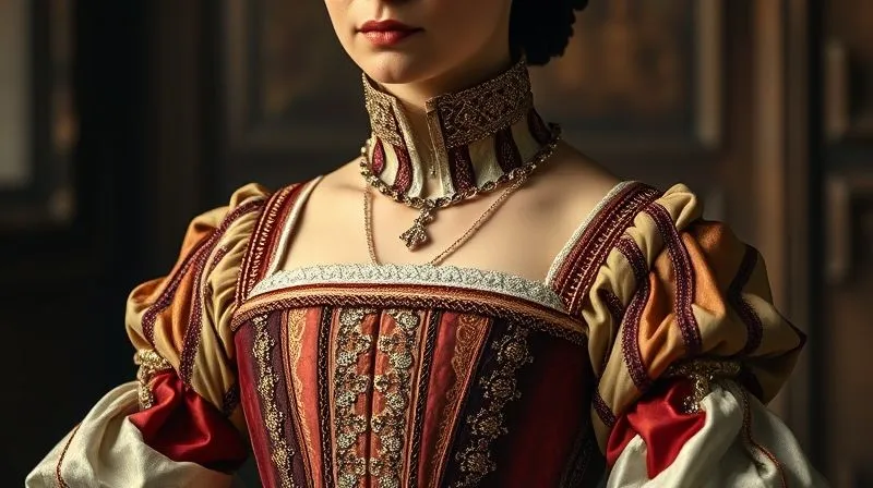 A photorealistic, professional photography, 8K, cinematic lighting, sharp focus, depth of field, shot on a high-end DSLR. A detailed historical illustration of a 16th-century noblewoman in full regalia, emphasizing the rigid structure beneath the gown, possibly with a cutaway view revealing the stays and farthingale. The image conveys the impressive, but restrictive, nature of the period's fashion.