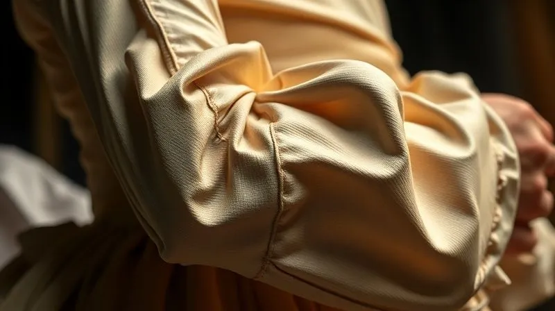 A photorealistic, professional photography, 8K, cinematic lighting, sharp focus, depth of field, shot on a high-end DSLR. A costume detail from a stage production of a 16th-century play. The image focuses on the bodice and sleeve of a gown, showcasing clever seaming and fabric choice that create the illusion of a rigid 16th-century silhouette while allowing freedom of movement. The fabric appears rich and structured, but subtle stretch or hidden gussets are implied by the natural drape around the actor's moving arm. The lighting highlights the texture and form.