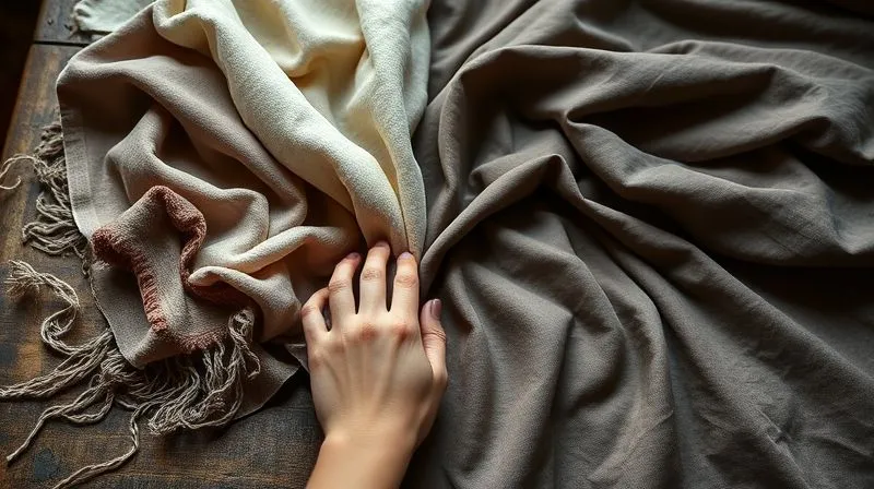 A photorealistic, professional photography, 8K, cinematic lighting, sharp focus, depth of field, shot on a high-end DSLR of a collection of luxurious fabric swatches arranged artfully on a vintage wooden table. One side features rich, structured silks and wools, representing historical textiles, while the other displays softer, more fluid modern blends. A hand gently touches a swatch, conveying texture and quality, with soft, natural light illuminating the scene.