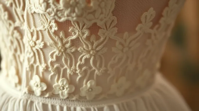 Photorealistic close-up of a vintage wedding dress's intricate lace and beadwork, showcasing delicate details and the slight patina of age. Cinematic lighting, sharp focus on the textures, depth of field blurring the background. Shot on a high-end DSLR, 8K, professional photography.
