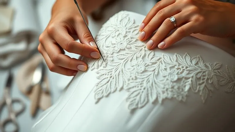 Photorealistic, professional photography, 8K, cinematic lighting, sharp focus, depth of field, shot on a high-end DSLR. A skilled seamstress's hands meticulously stitching a delicate lace appliqué onto the bodice of a wedding gown, with a thimble on her finger. The background shows a blurred pattern of fabric swatches and sewing tools, emphasizing the craftsmanship.