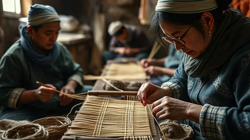 A photorealistic, professional photography, 8K, cinematic lighting, sharp focus, depth of field, shot on a high-end DSLR, depicting skilled artisans, hands busy with intricate work (e.g., weaving, embroidery, beadwork), in a well-lit workshop. Their faces show focus and dedication. Traditional tools and natural materials are visible. The image conveys a sense of craft, heritage, and dignified labor, with an emphasis on the tactile quality of the materials and the meticulous detail of the work.