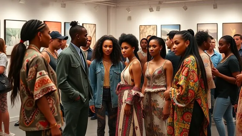 A photorealistic, professional photography, 8K, cinematic lighting, sharp focus, depth of field, shot on a high-end DSLR, depicting a vibrant, inclusive streetwear fashion show or pop-up event in an urban gallery space. Models and attendees of diverse ethnicities are interacting, admiring clothing pieces that clearly showcase cultural integration. There's a palpable sense of excitement, community, and shared appreciation for the ethical and authentic designs. Informational placards about the cultural origins and artisan collaborations are subtly visible, emphasizing education and transparency.