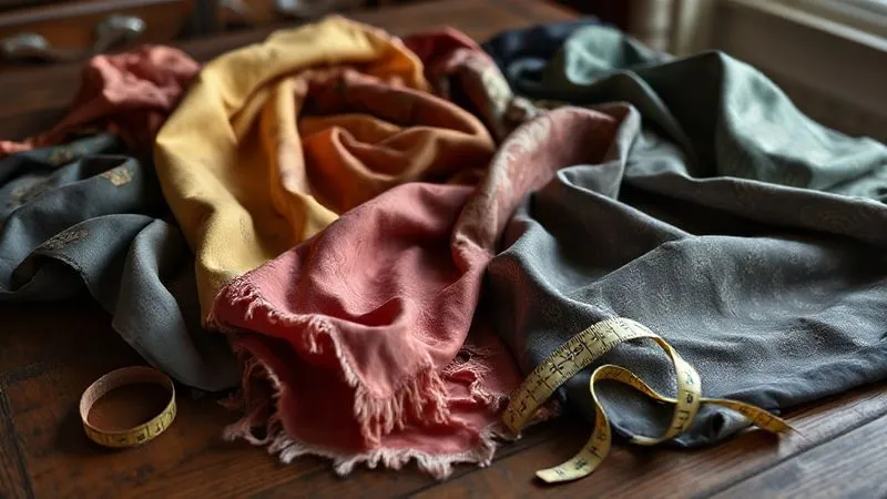Photorealistic, professional photography, 8K, cinematic lighting, sharp focus, depth of field, shot on a high-end DSLR. A collection of diverse fabric swatches arranged on a vintage wooden table, including silk blends, high-quality polyester jacquards, and velvet remnants, some with subtle hand-painted designs or embroidery, demonstrating potential base materials for historical costume recreation. A measuring tape and thimble are casually placed nearby.