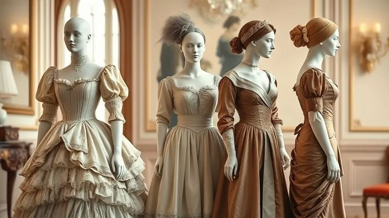 A photorealistic, professional photography shot of three distinct female mannequins, each dressed in an authentic pre-1900 historical garment representing different eras: a voluminous mid-19th century crinoline gown, a late 19th-century bustle dress, and an early 1890s S-bend silhouette. Cinematic lighting, sharp focus, shallow depth of field, 8K hyper-detailed. The background is a blurred, elegant historical interior.