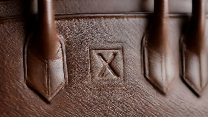 A macro shot, photorealistic, professional photography, 8K, cinematic lighting, sharp focus on a tiny, embossed letter 'X' within a square on the interior leather of a vintage Hermès Birkin bag, with the surrounding leather showing subtle texture and patina. Depth of field softly blurs the background, highlighting the precise stamping. Shot on a high-end DSLR, hyper-detailed.